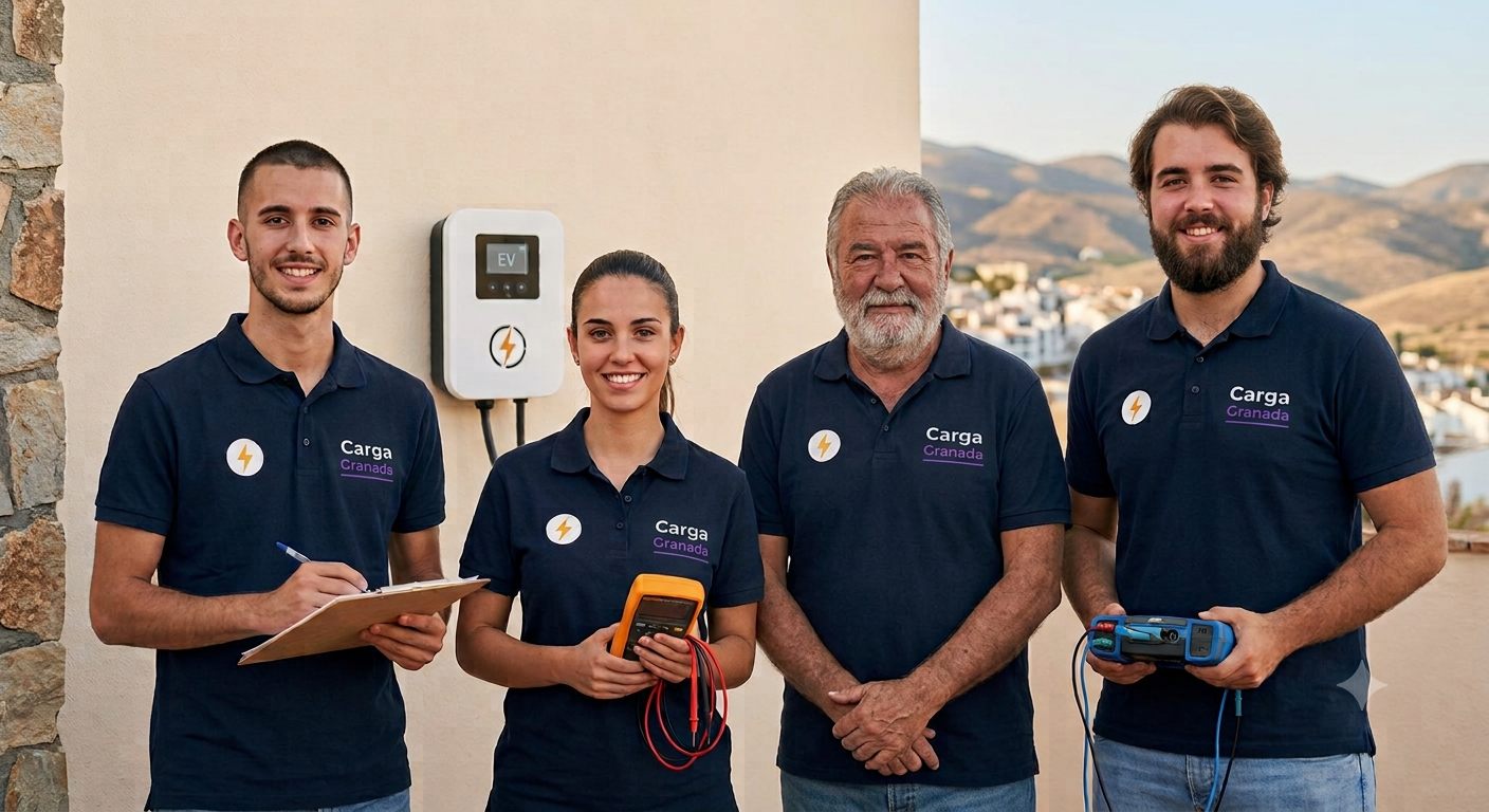 Equipo de instaladores de CargaGranada junto a un punto de recarga en Granada
